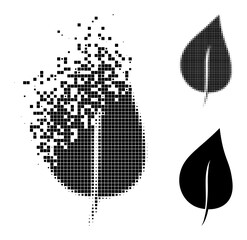 Damaged pixelated plant leaf icon with wind effect, and halftone vector icon. Pixelated fragmentation effect for plant leaf gives speed and motion of cyberspace objects.