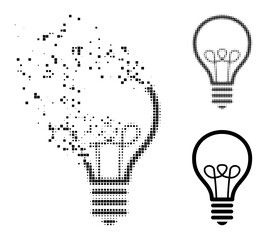 Dissipated dotted lamp bulb pictogram with destruction effect, and halftone vector icon. Pixel mist effect for lamp bulb demonstrates speed and motion of cyberspace concepts.