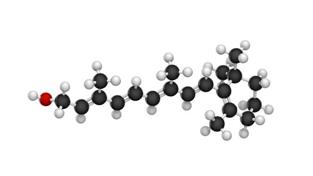 Vitamin A(Retinol). Found in food and used as a dietary supplement. 3D render. Seamless loop. Chemical structure model: Ball and Stick. White background.