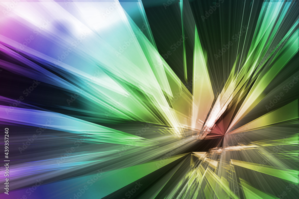 Poster burst explosion of spectrum wave in crystal shape abstract furious speed warp background.