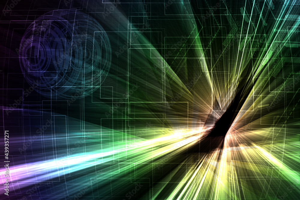 Aufkleber bright rays green spectrum with hi tech grid line pattern for futuristic technology background.