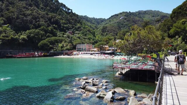 Europe, Italy , Genoa, Santa Margherita Ligure, the amazing beach and sea coast in Paraggi with clear green water during the summer after finish of lockdown due Covid-19 Coronavirus epidemic   