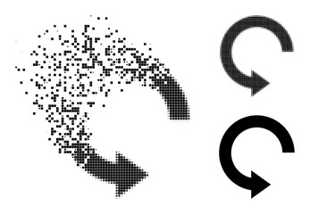 Dissolving dotted rotate right pictogram with destruction effect, and halftone vector icon. Pixel dissolving effect for rotate right demonstrates speed and motion of cyberspace items.