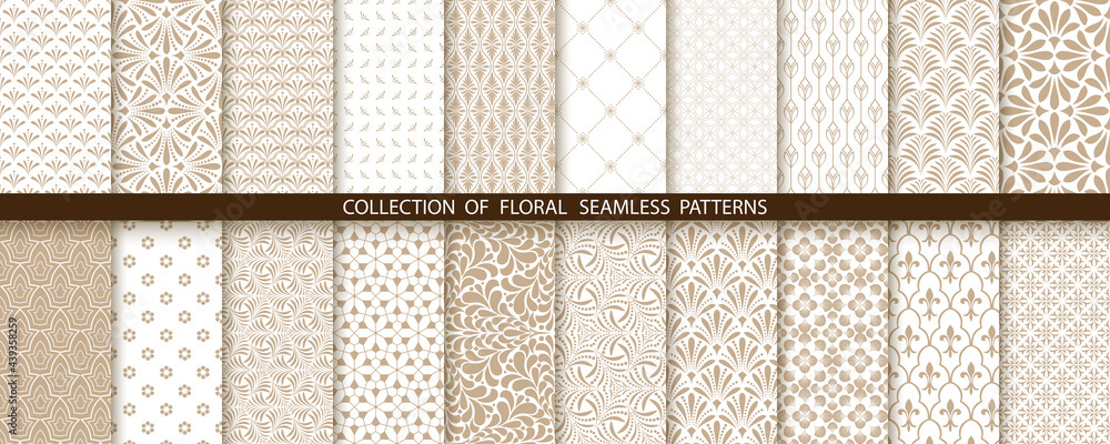 Poster Geometric floral set of seamless patterns. Beige and white vector backgrounds. Simple illustrations