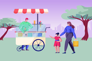 Ice cream cart selling sweet cold food on market. Mother with child buying ice cream cone. Street food truck. First small business.Colorful vector illustration. Cartoon style