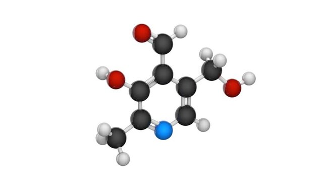 Molecular structure of Vitamin B6 (Pyridoxal). 3D render. Seamless loop. Chemical structure model: Ball and Stick. White background.