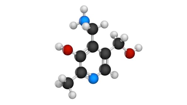 Molecular structure of Vitamin B6 (Pyridoxamine). 3D render. Seamless loop. Chemical structure model: Ball and Stick. White background.