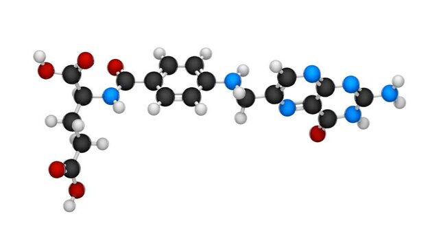 Vitamin B9 (Folate). Also known as Folacin, and historically Vitamin M. 3D render. Seamless loop. Chemical structure model: Ball and Stick. White background.