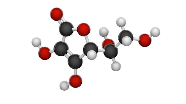 Chemical structure of Vitamin C (Ascorbic acid). Also known as ascorbate. Formula: C6H8O6. 3D render. Seamless loop. Chemical structure model: Ball and Stick. White background.