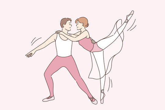 Classic ballet dancers and art concept. Young smiling couple cartoon characters in traditional classical wear for dancing standing in position dancing ballet performing vector illustration 