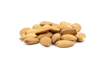 Almond nuts isolated on white background. Heap of peeled almonds