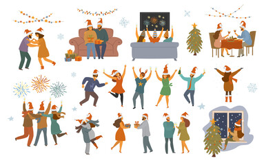 people celebrating christmas and happy new year night, isolated  vector illustration graphic scenes set