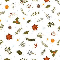 merry christmas winter foliage plants, poinsettia flowers leaves branches, red berries and snowflakes seamless pattern swatch