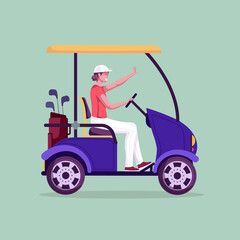 Happy woman driving golf cart. Golfer on golf car with golf club bag. Golf course, hotel, resort, country club transportation. Eco-friendly electric vehicle. Side view. Cartoon vector illustration.