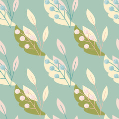 Green leaves and pastel berries rowan print seamless pattern in vintage style. Blue background.