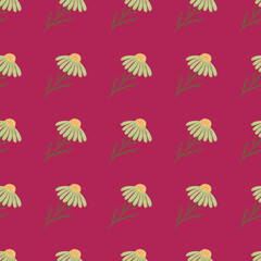 Cute green chamomile flowers seamless pattern in hand drawn style. Bright pink background.