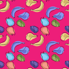 Colorful bright seamless pattern with doodle fruit ornament: banana, apple, plum, pear. Pink background.