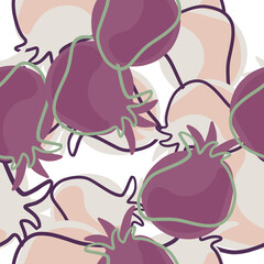 Abstract style seamless pattern with purple contoured pomegranate silhouettes. Isolated fruit print.