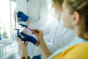 Woman dentist showing on a jaw model oral checkup.