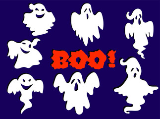 Cartoon illustration of a ghostes with boo text for halloween design. Hand drawen vector illustration in doodle style.