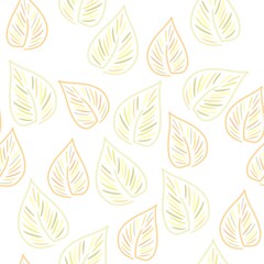 Seamless pattern of leaves of different colors on a white background in the Scandinavian style. Design for children, posters, prints, postcards, fabrics, textiles.
