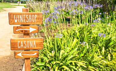 Wine Shop directional sign in a Vineyard. Wine Shop Right, Casona (Big House) left.  South America