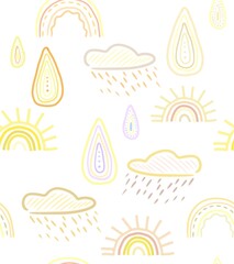 Seamless pattern of rainbows, sun, raindrops, clouds on a white background. Design for children, posters, prints, postcards, fabrics, textiles.