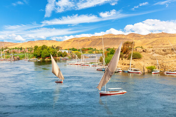 The Nile view, feluccas and banks of Aswan, Egypt