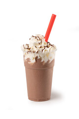 Italian Milkshake Frappe, Isolated on White Background – Gianduia Gelato with Chocolate Topping and Red Straw, Ice Cold Transparent Wet Plastic Cup, Droplets  – Close-Up Macro, High Resolution