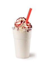 Italian Milkshake Frappe, Isolated on White Background – Vanilla Gelato with Strawberry Topping and Red Straw, Ice Cold Transparent Wet Plastic Cup, Droplets  – Close-Up Macro, High Resolution