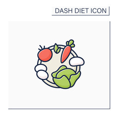 Healthy ingredients color icon. Healthy nutrition like carrot, eggs, potato, tomato, cabbage, parsley. Nutrient-rich organic food. Dash diet concept. Isolated vector illustration