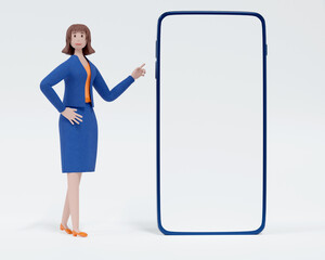 3d cartoon character woman show on a smartphone with a white screen for text. Cartoon device mockups for advertising mobile apps, interfaces. 3d render illustration