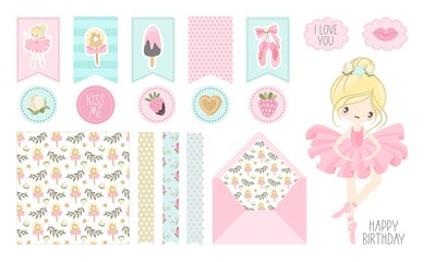 A set of stickers and postcards Ballet for a Happy Birthday. Cute ballerinas, flowers, plants, patterns. Vector illustration.