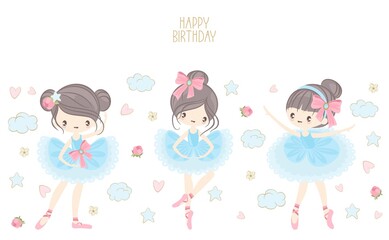 Cute ballerina on the background of stars, clouds and hearts. Vector illustration in a simple style.