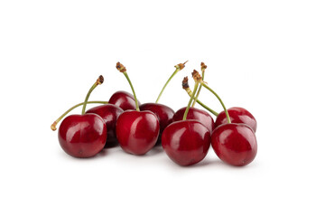 Sweet Cherries, Isolated on White Background – Prunus Avium Wild Cherry Cultivar, Group, Heap, Bunch, with Shadow, Red Glossy Berries – Detailed Close-Up Macro, High Resolution