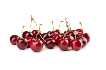Sweet Cherries, Isolated on White Background – Prunus Avium Wild Cherry Cultivar, Group, Heap, Bunch, with Shadow, Red Glossy Berries – Detailed Close-Up Macro, High Resolution