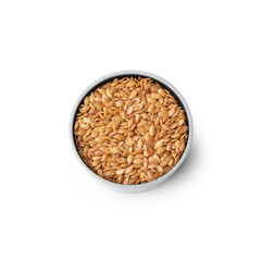 Golden Flax Seeds in White Bowl, Top View, Isolated on White Background – Common Flax, Linseed, Linum Usitatissimum – Detailed Close-Up Macro, High Resolution