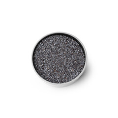 Poppy Seeds in White Bowl, Top View, Isolated on White Background – Black Opium Oilseeds, Papaver Somniferum, Ingredient for Pastry and Bread – Detailed Close-Up Macro, High Resolution