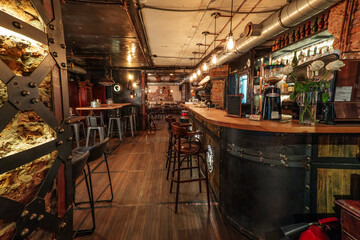 Enjoyable interior of the trendy restaurant in the center of Saint Petersburg, Russia.