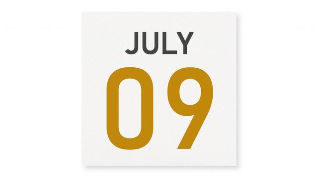 July 9 date behind crumpled paper page of a calendar, 3d animation