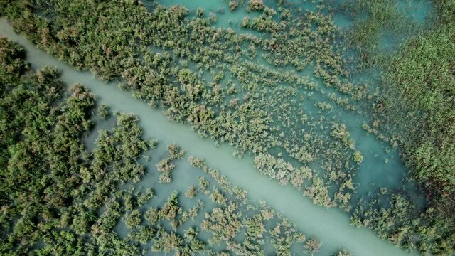 Drone point of view Embalse de La Pedrera reservoir. Spain