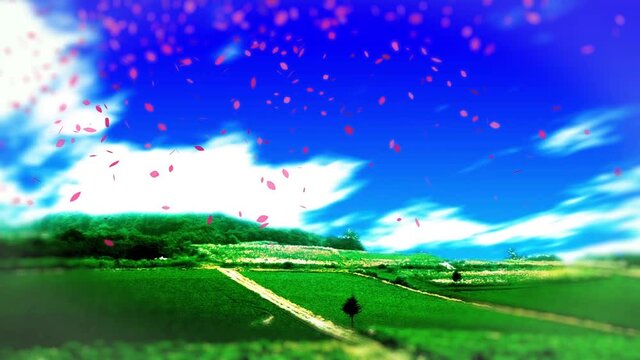 花びらが舞う草原と流れる雲