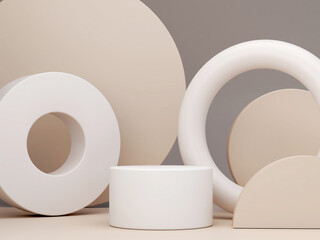 Pastel colors shapes on natural pastel colors abstract background. Minimal podium. Scene with geometrical forms. Empty showcase, cosmetic product presentation. Fashion magazine. 3d render. 