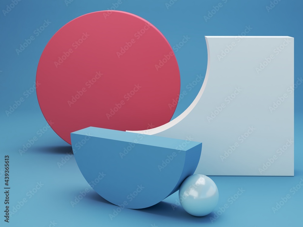 Poster minimal scene with podium and abstract background. geometric shapes. blue and red colors. minimal 3d