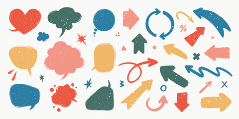 Abstract arrows and Speech bubbles set. Various doodle arrows and talk balloons with grunge texture. Hand-drawn abstract vintage infographic Vector collection.