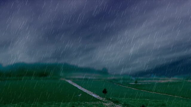 雨が降る草原と流れる雲の背景素材