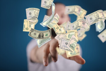 Panoramic image of falling Euro banknotes isolated on white.