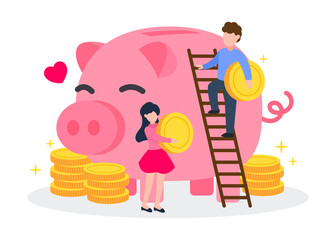 Man and woman putting golden coins into piggy bank. Couple or lover saving money together. Creative financial concept of savings. Simple trendy cute cartoon vector illustration. Flat style element.