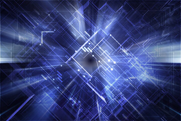 Abstract blue technology with glowing digital grid line and light rays effect for technology science fiction background and wallpapers.