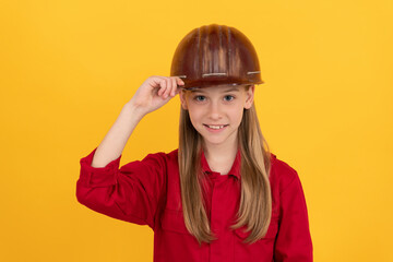 future career of teen girl in helmet builder with concept of childhood development, happy labour day